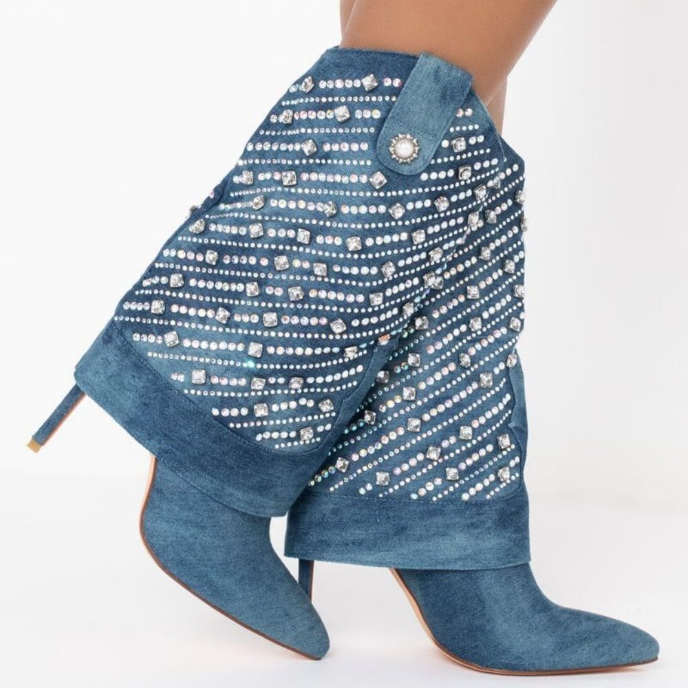 AZALEA WANG PLAYING TO WIN RHINESTONE STUDDED DENIM STILETTO BOOTIE ( BRAND NEW